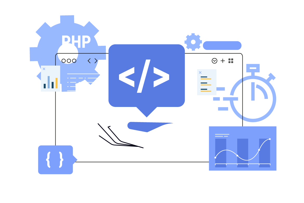 Web-development Web development image with php code symbols and browser with statistics